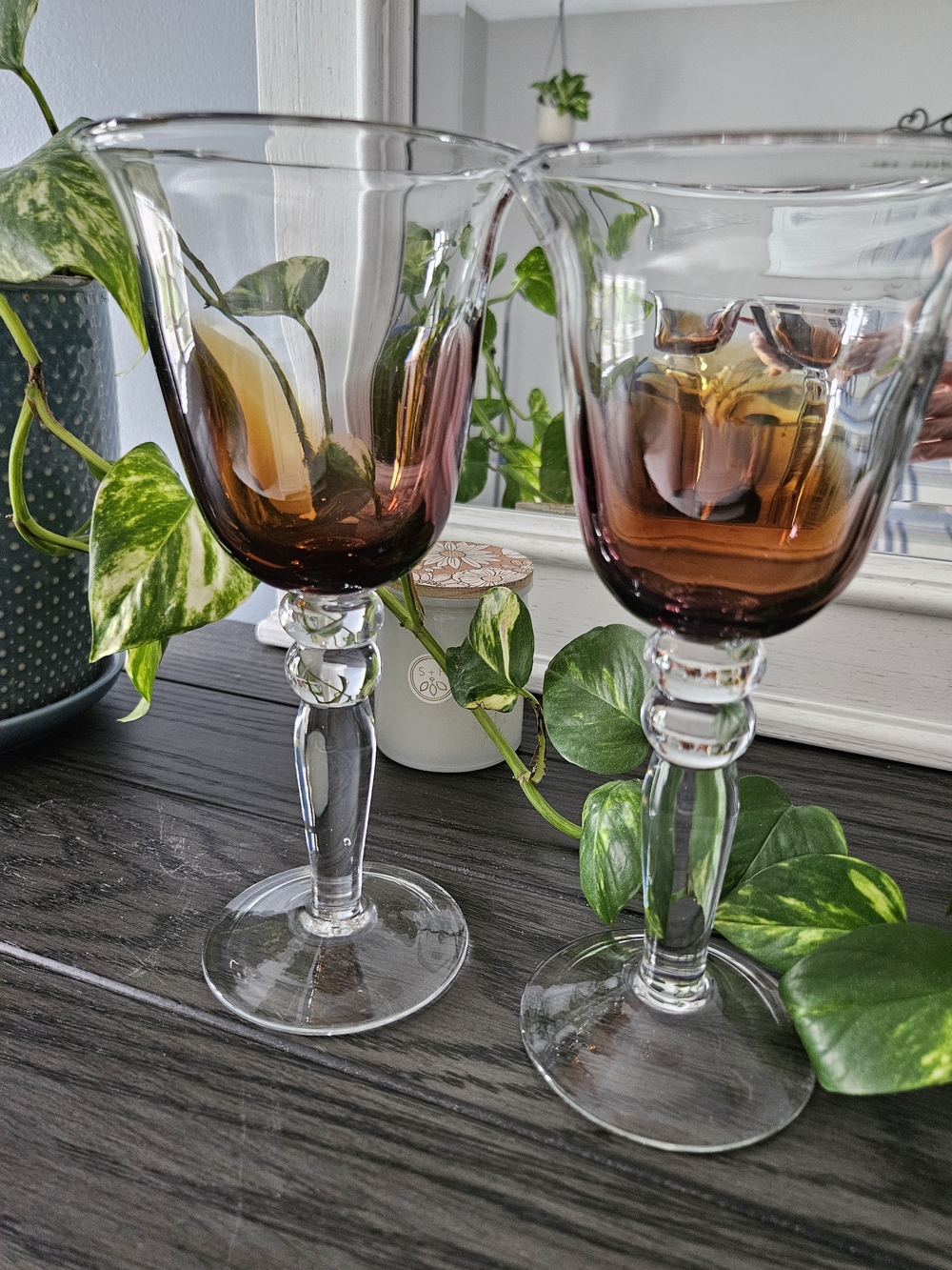 Vintage Elegant Amber-Tinted Glass Wine Goblets - Set of 2